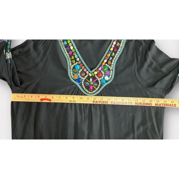 Womens Size‎ 1X Black Floral Embroidered Beaded Dopamine Dressing Hippie Retro - Picture 5 of 10